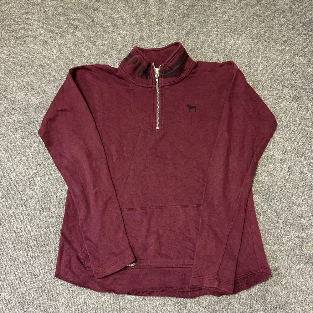 Pink Pullover Womens Size XS Maroon Burgundy Quarter Zip Raw Hem Logo Athleisure